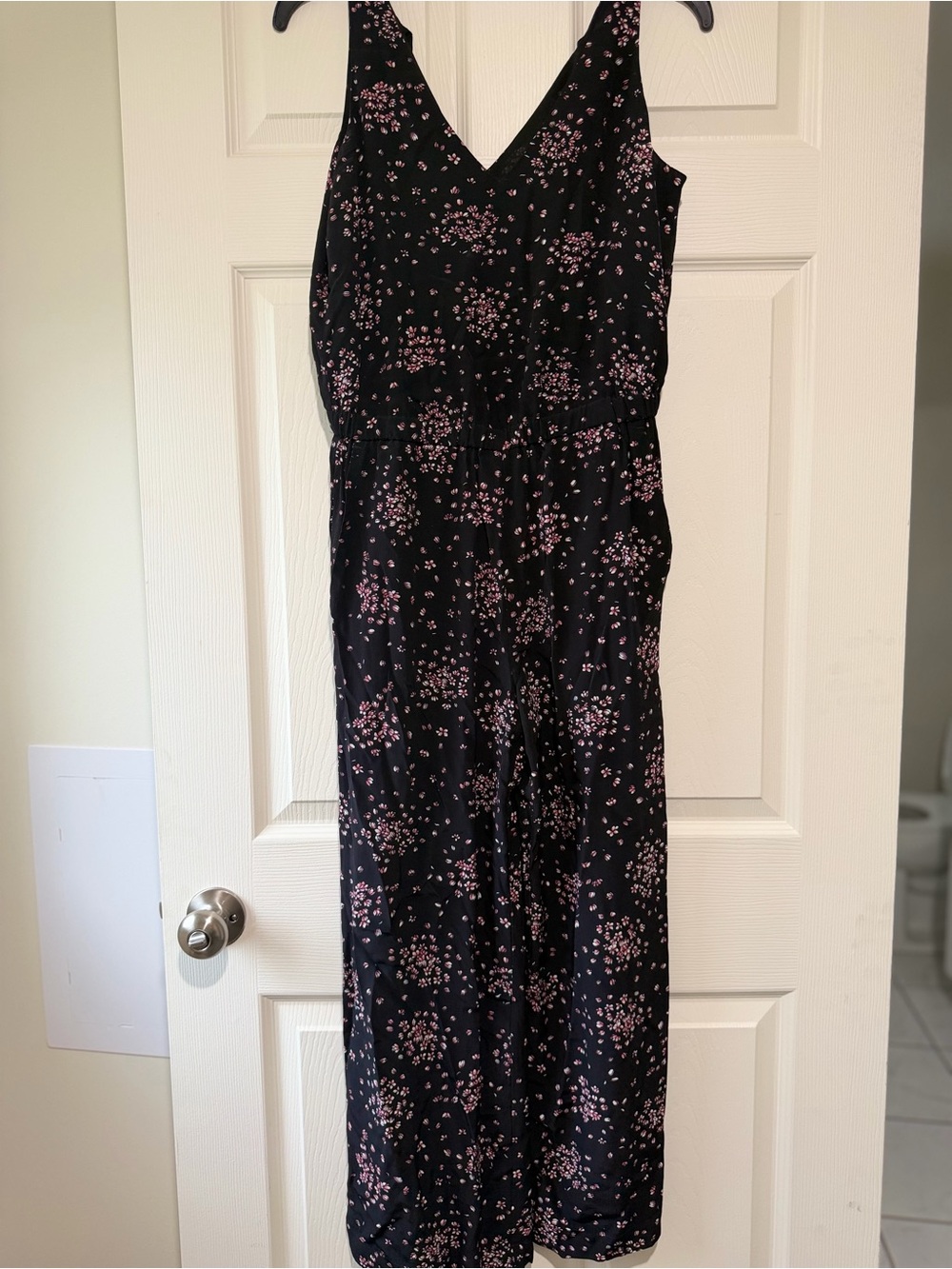 LOFT Black V-Neck Floral Jumpsuit with Pink Print